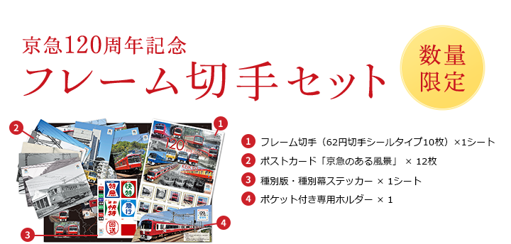 京急120周年記念 フレーム切手セット 数量限定 フレーム切手(62円切手シールタイプ10枚)×1シート ポストカード「京急のある風景」 × 12枚 種別版・種別幕ステッカー × 1シート ポケット付き専用ホルダー × 1